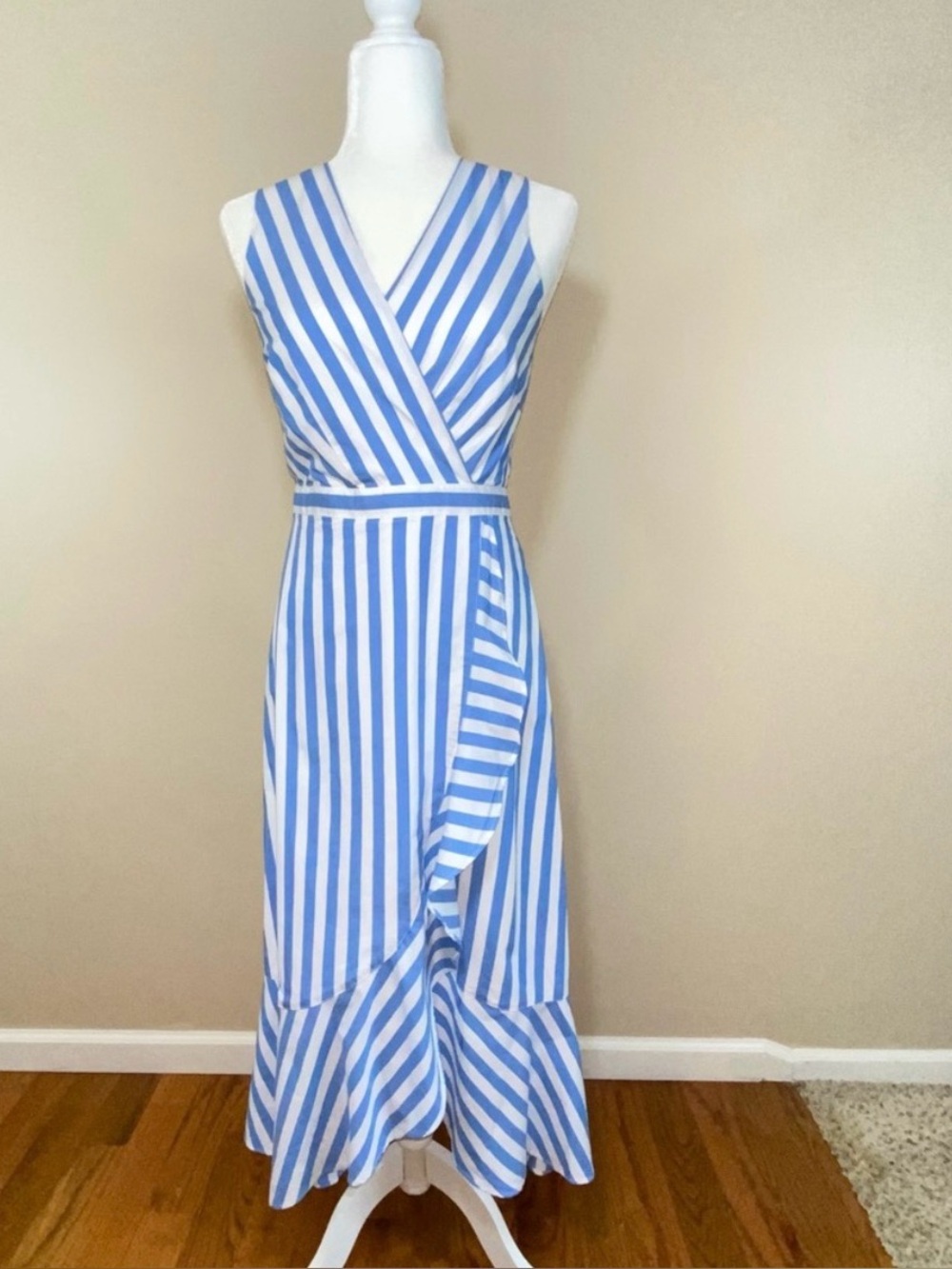J Crew blue striped long nautical tiered faux leather wrap maxi dress, size 2 - Picture 5 of 11